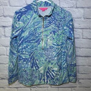 Lilly Pulitzer Women Skipper Top Popover Floral 1/4 Zip Blue Turquoise  Small